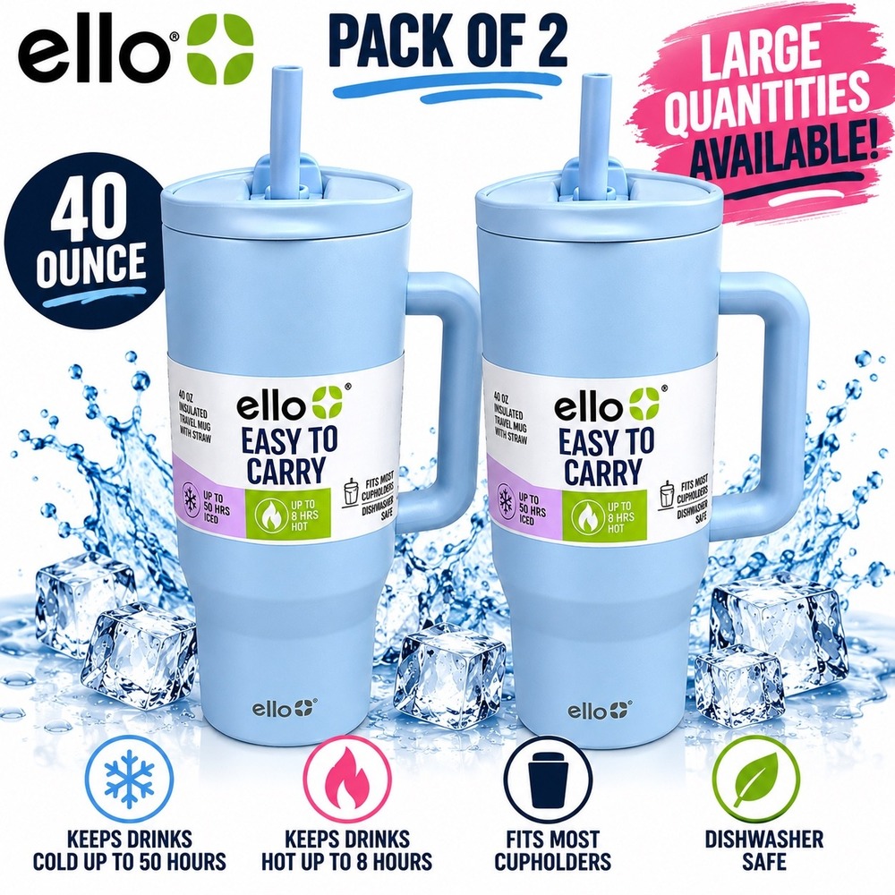 Ello Easy to Carry 40oz Insulated Travel Mug 2-Pack Light Blue Stainless Steel